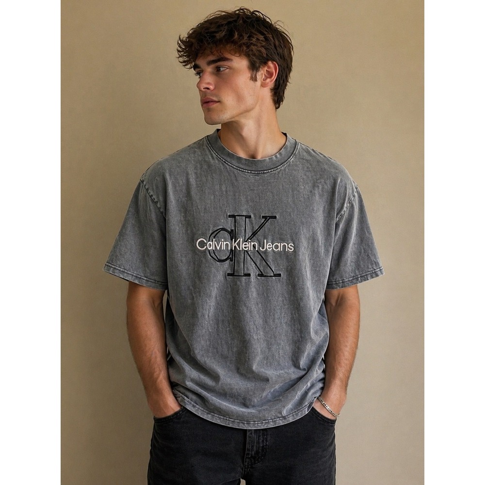 Calvin Klein Jeans T-Shirt Mens L Grey Excellent Acid Wash Embroidered Monogram